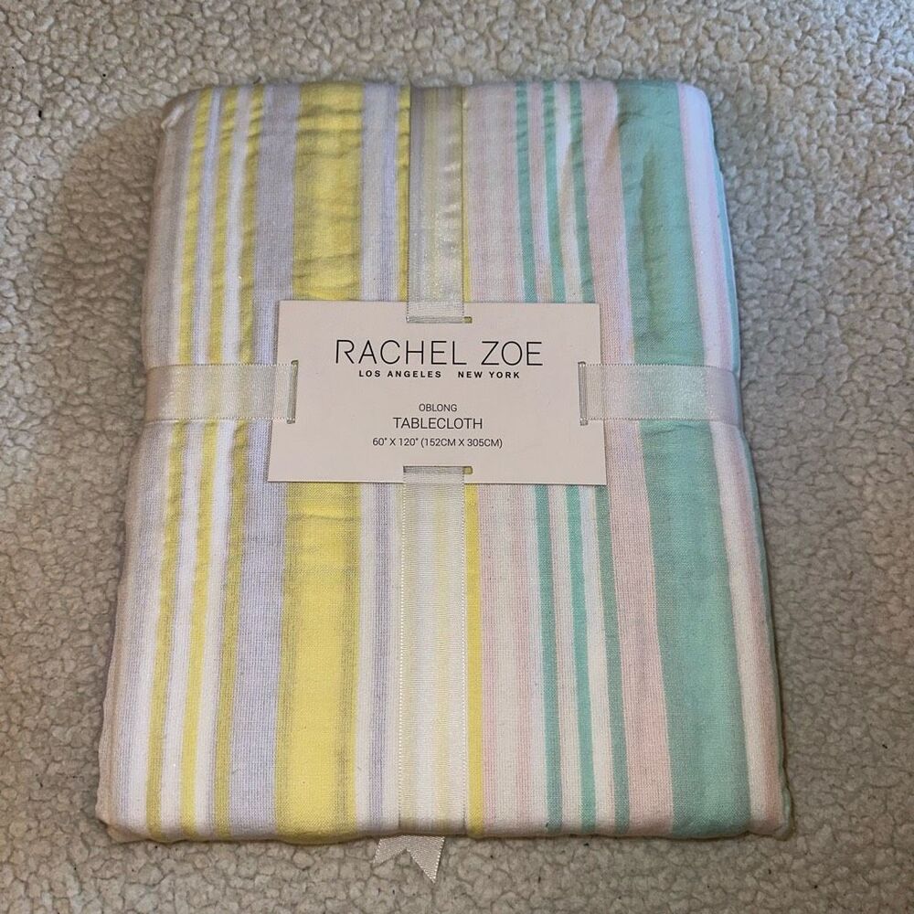 Rachel Zoe Pastel White Stripe Tablecloth Oblong 60x120” NWT